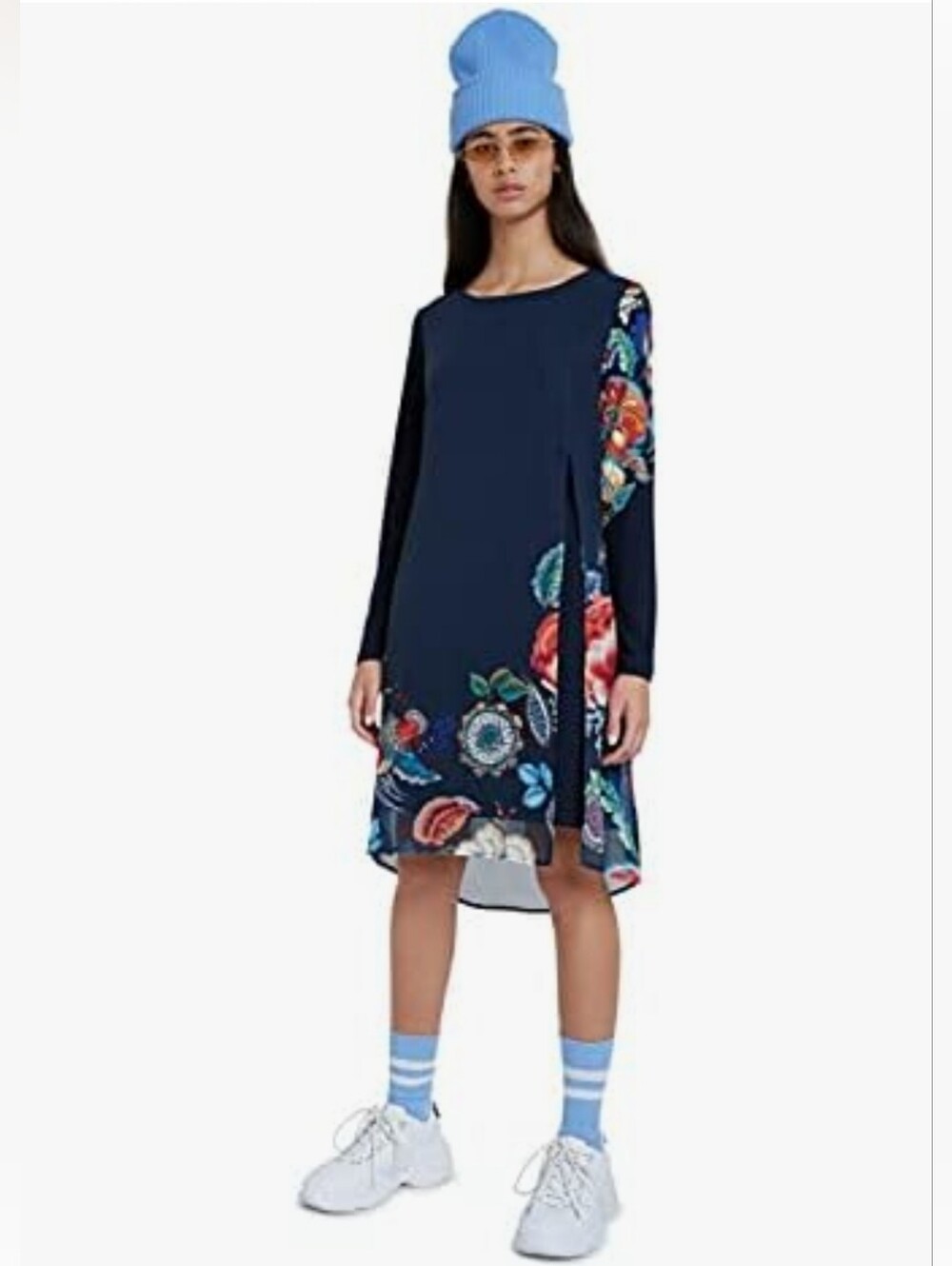 Desigual Siena Casual Dress Navy Embroidered Floral Paneled Long-Sleeve NWOT